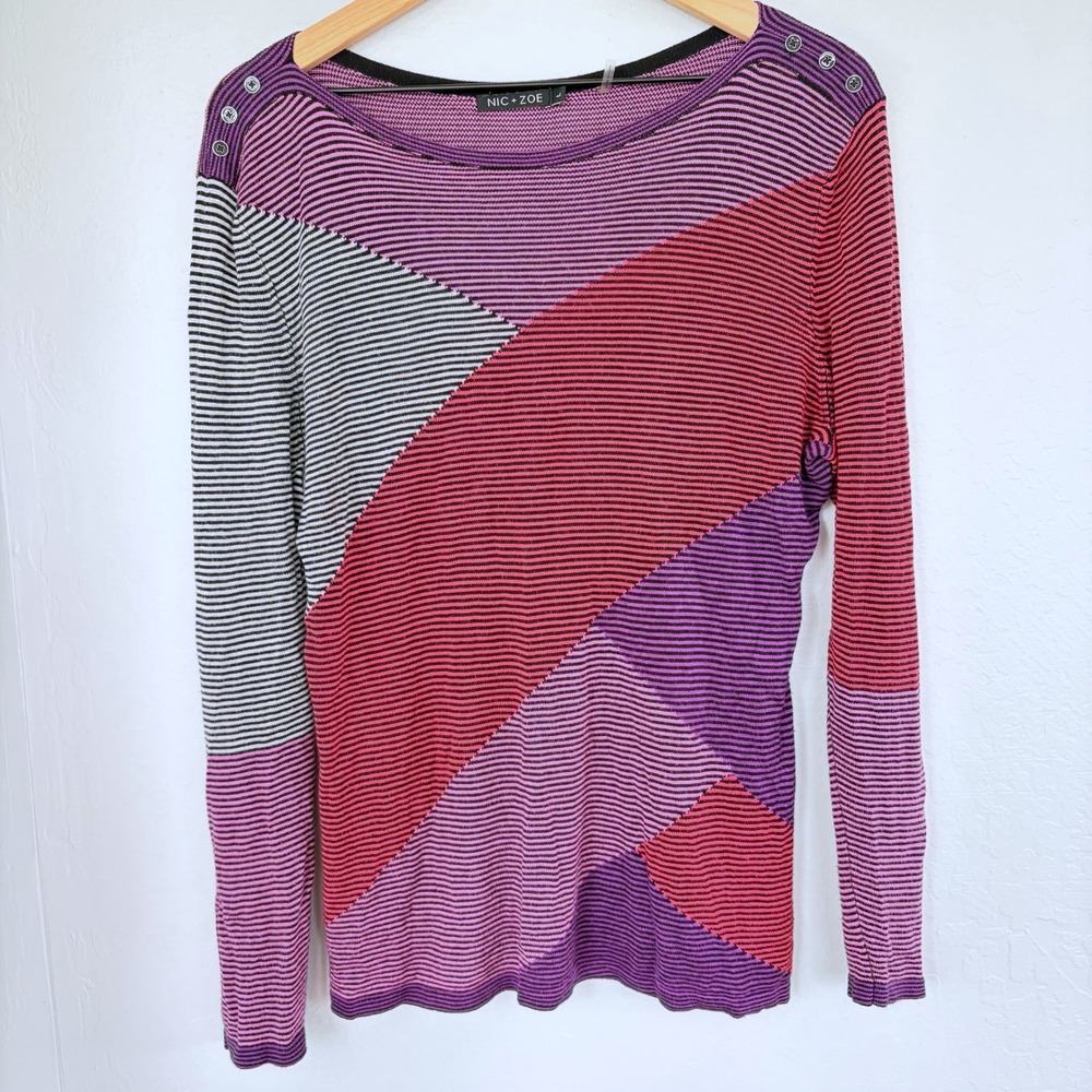 NIC+ZOE Knit Top Womens L Long Sleeve Colorblock Stripe